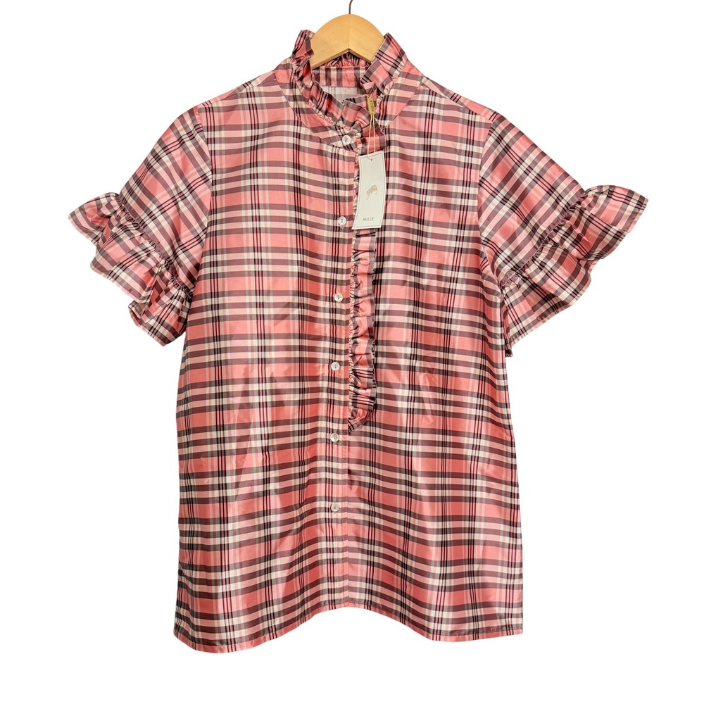 Mille Resort Travel Pink Plaid Ruffle Button Down Top Short Sleeve Blouse M NEW